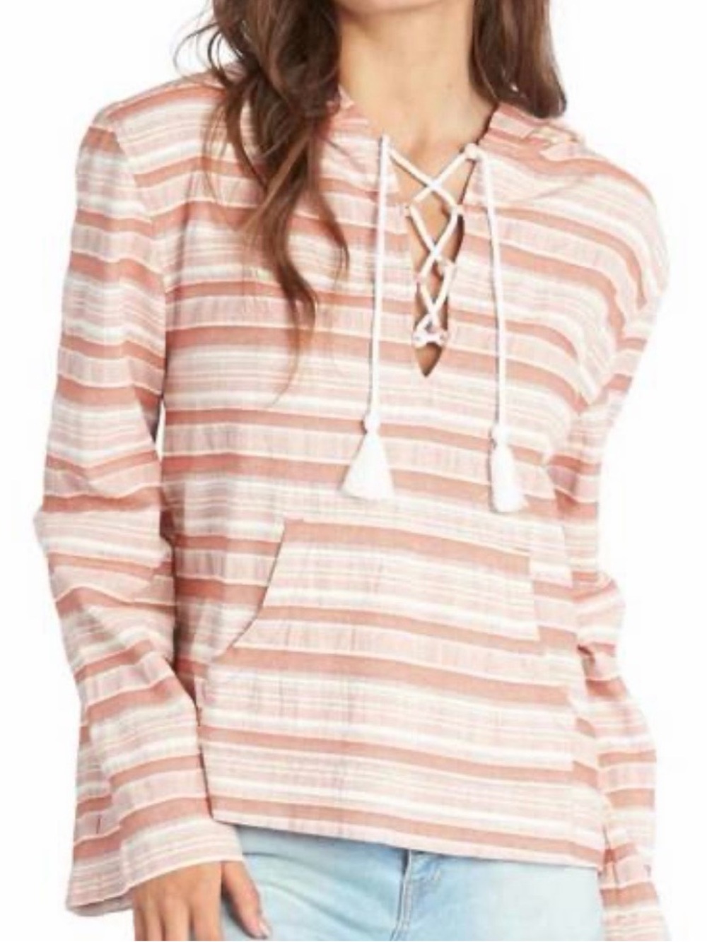 Roxy Pink & Cream Striped Lace-Up Hoodie Sweatshirt